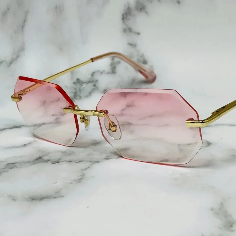 Men Women Sunglasses Pink Lens Rimless Luxury Retro Shades Gold Metal Lentes New